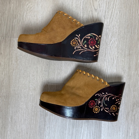 Y2K vintage wood suede wedge clog mule size 9 - Picture 2 of 7